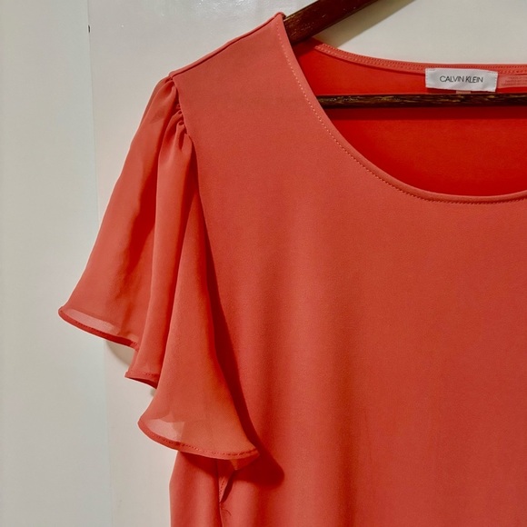 Calvin Klein| Pretty Vibrant Coral Flutter-Sleeve Lightweight Top Blouse Sz L - Picture 2 of 5